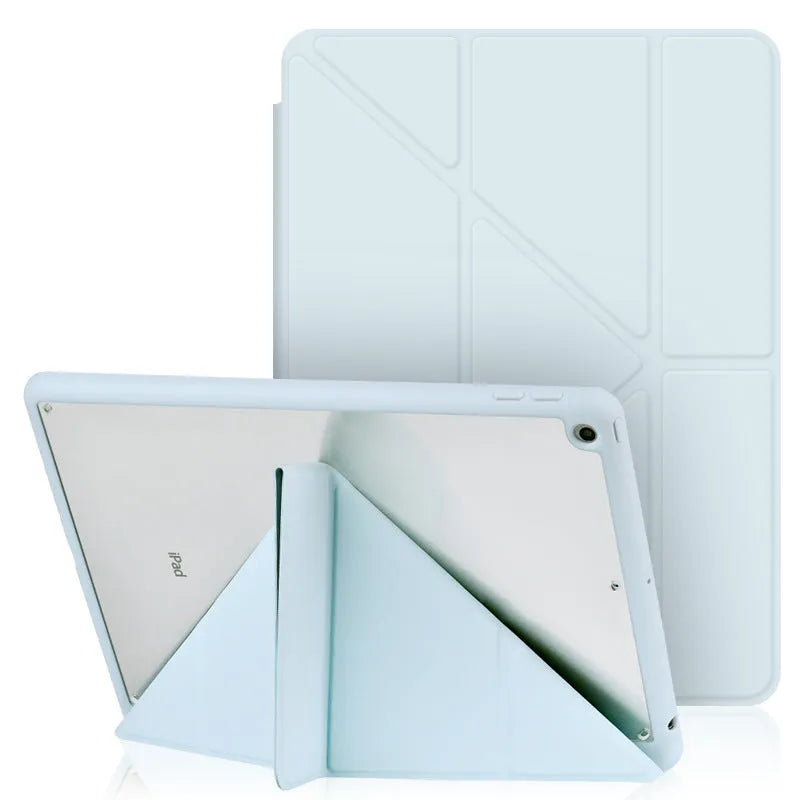 iPad leather case with Y-fold stand in dark grey showing shockproof protection and anti-fingerprint finish