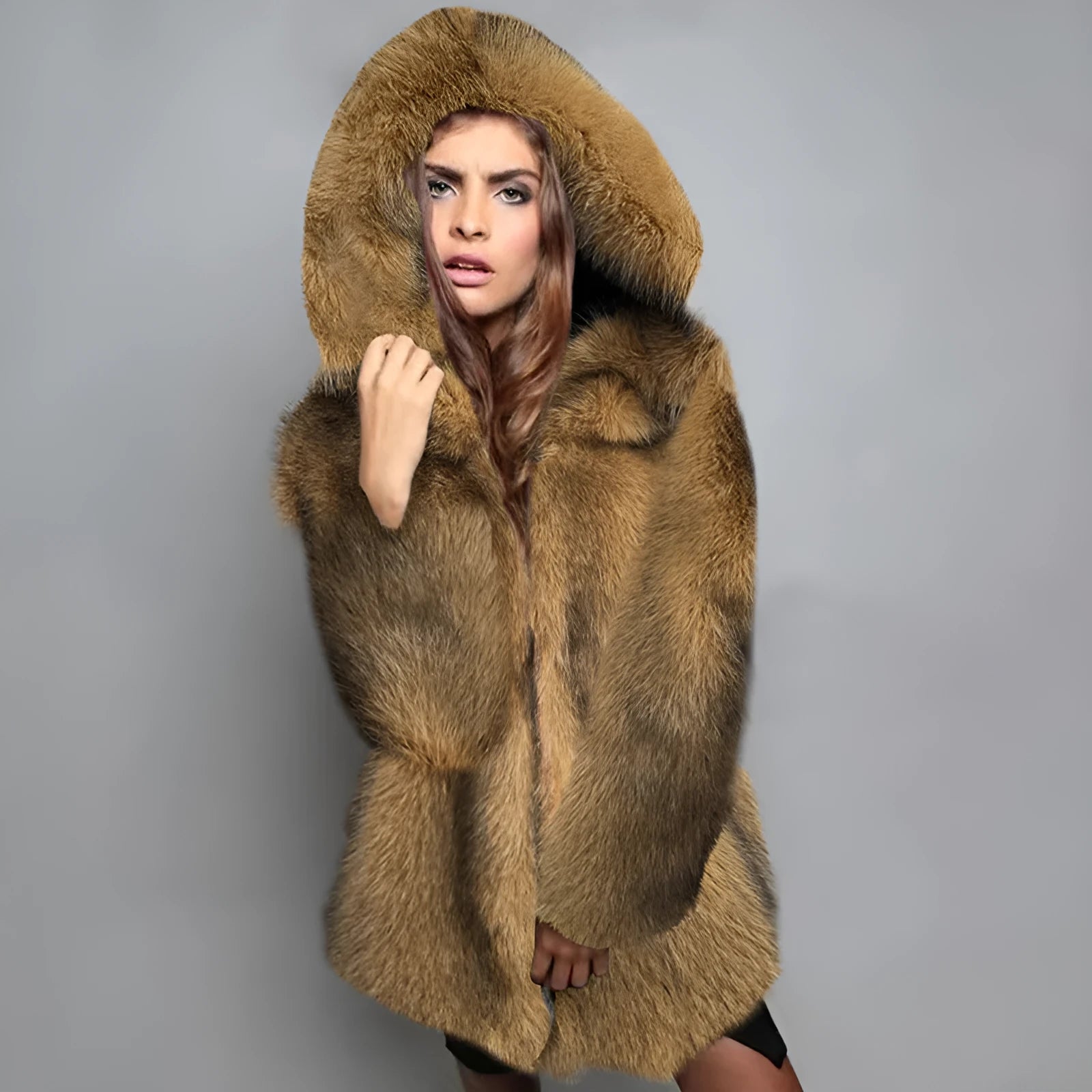 Women's silver grey artificial fur coat with loose fit and 65cm mid-length cut