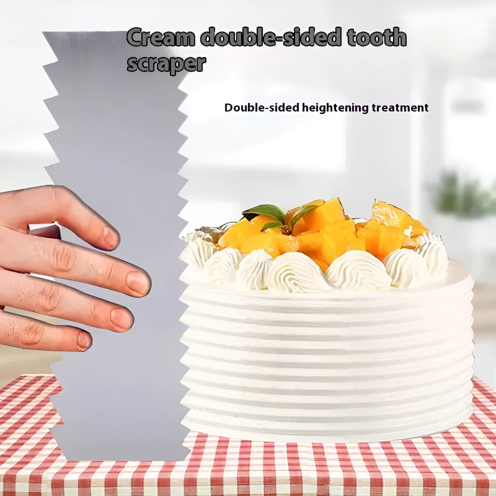 Stainless steel cake scraper with a polygon-patterned edge for decorating, shown with style options 1-6.