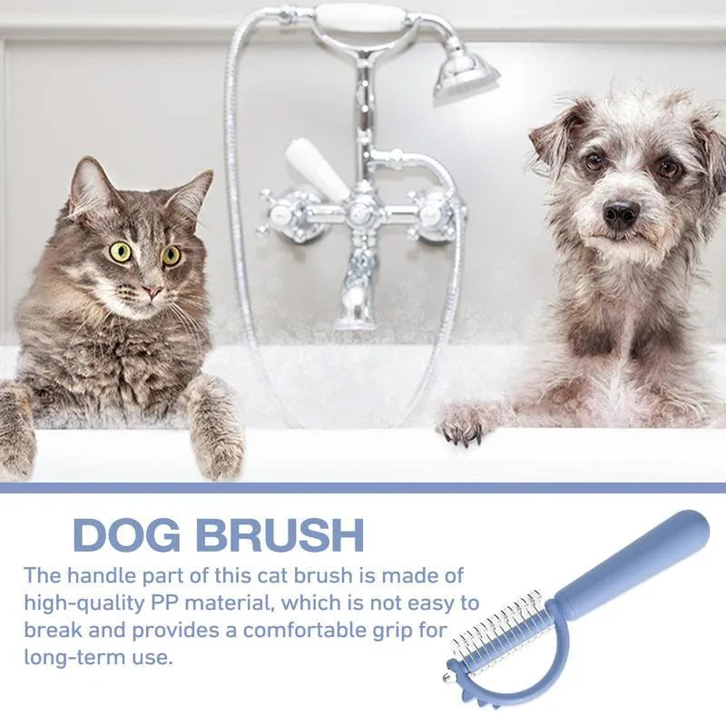 Dinosaur-shaped self-cleaning cat brush with double-sided grooming functions in blue colour