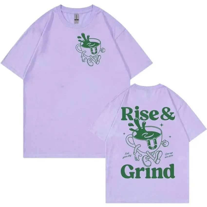 Men's loose fit linen blend T-shirt with green coffee cartoon print, shown in black.