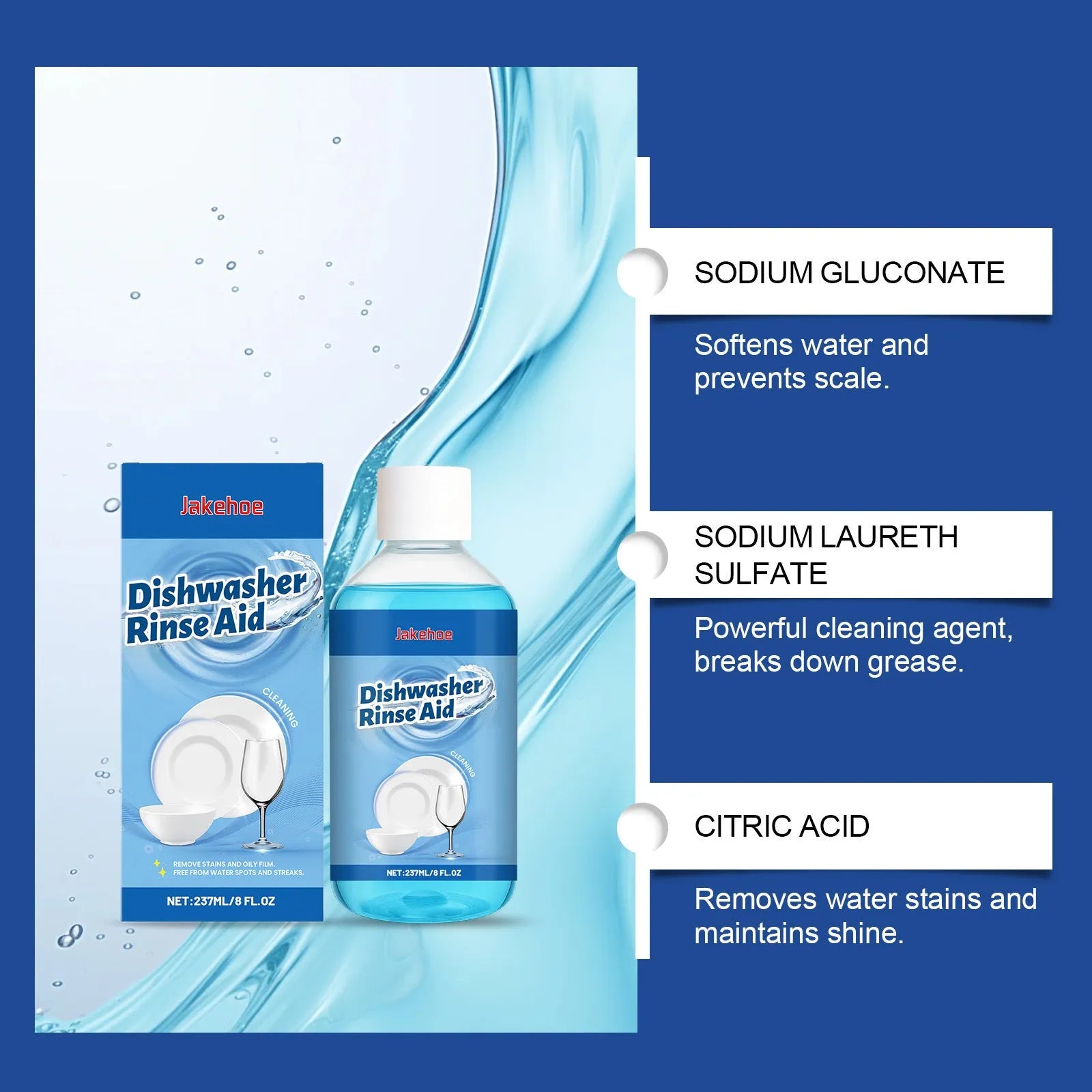 Bottle of 237mL dishwasher detergent aid liquid cleaner for removing oil and stains.