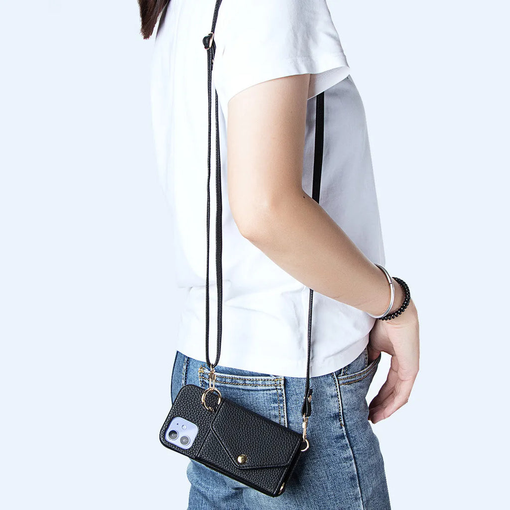 Anti-degaussing wallet phone case for Apple iPhone with bracket and crossbody bag in black imitation leather
