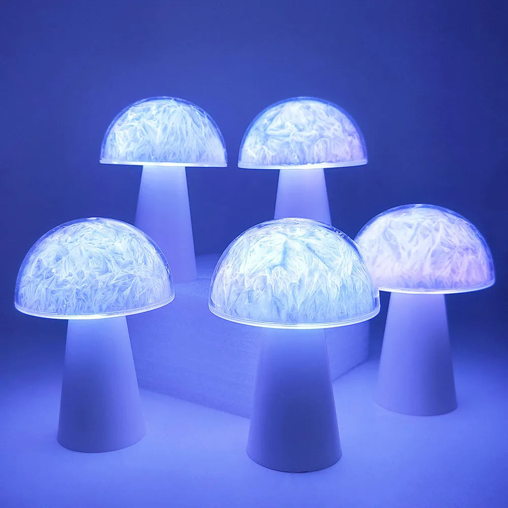 Mushroom-shaped remote control night lamp with RGB colour changing lights, measuring 9cm wide by 13.5cm tall