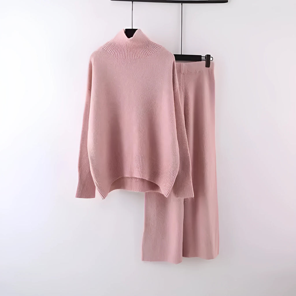 Women's casual two-piece set with an acrylic sweater and wide-leg trousers in a solid colour.