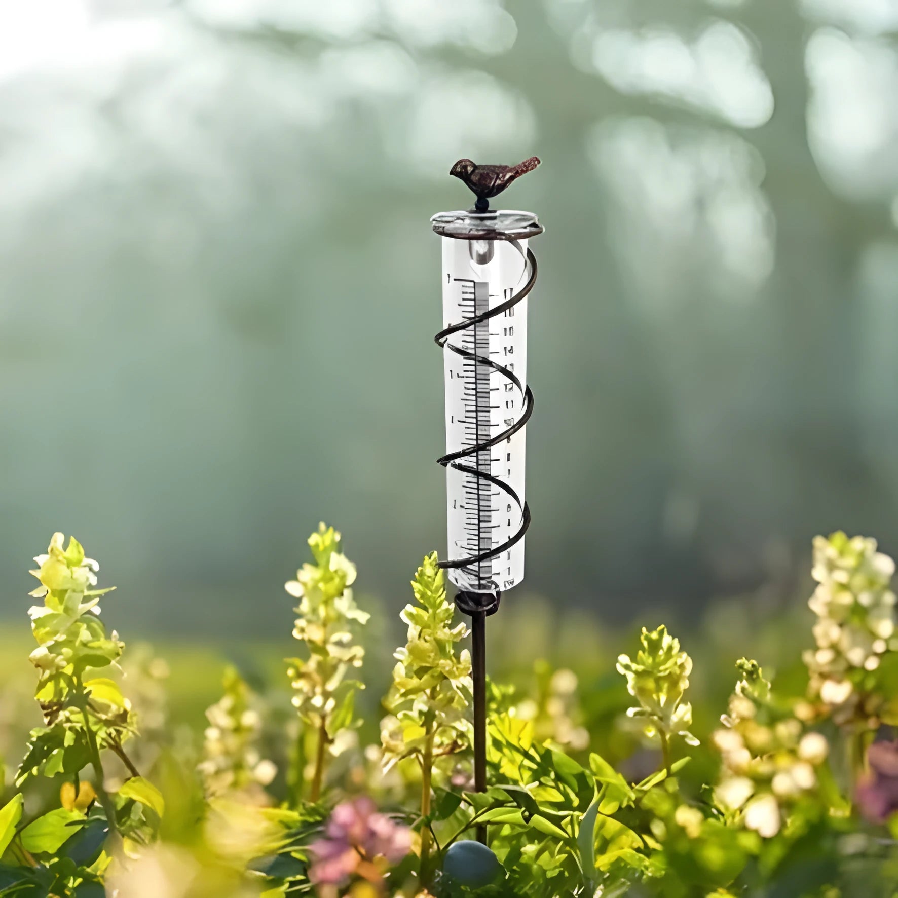 Cast iron stand with glass tube rain gauge featuring bird decoration and 1-20 measurement scale.