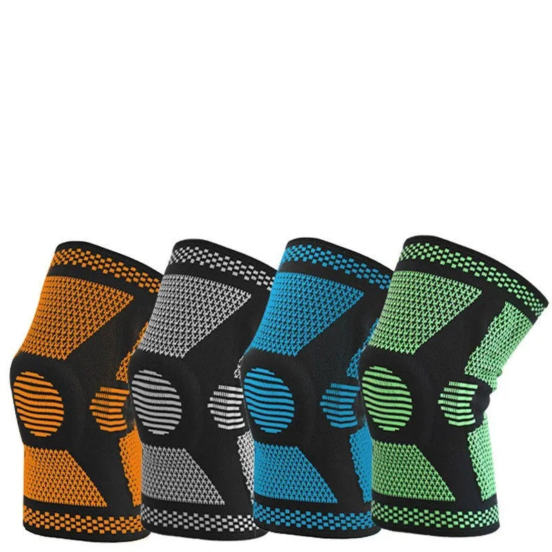 Sports silicone spring knee pad in blue, shown on a leg, with size options M, L, XL.