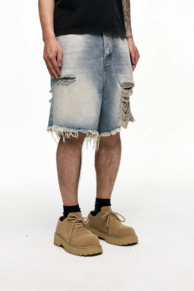 Light blue washed denim shorts for men with a baggy wide-leg vintage cut.