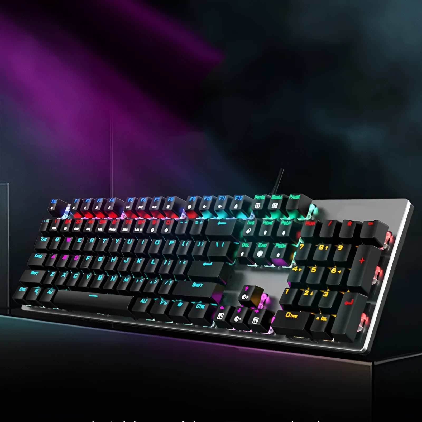 AOC GK410 mechanical keyboard with metal case, backlit keys, and full 104-key layout.
