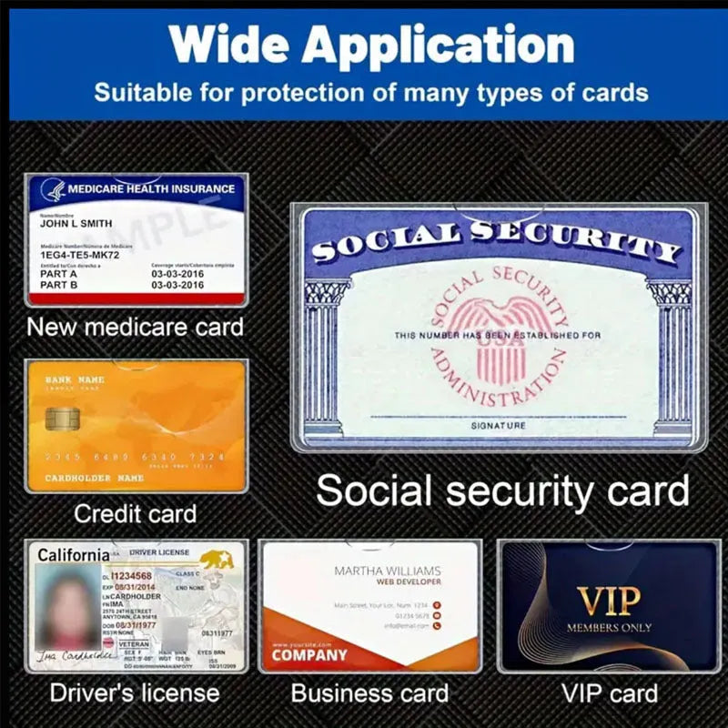 Clear plastic PVC card holder protecting a social security card, showing full card visibility.