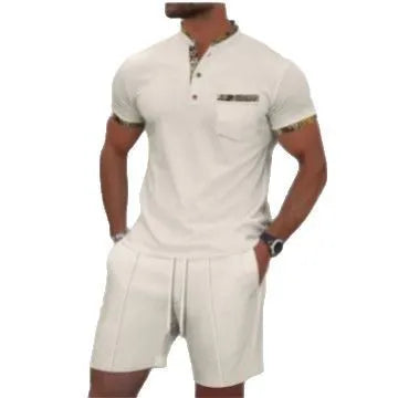 Men's gray cotton blend zipper polo collar short sleeve suit with matching shorts for summer