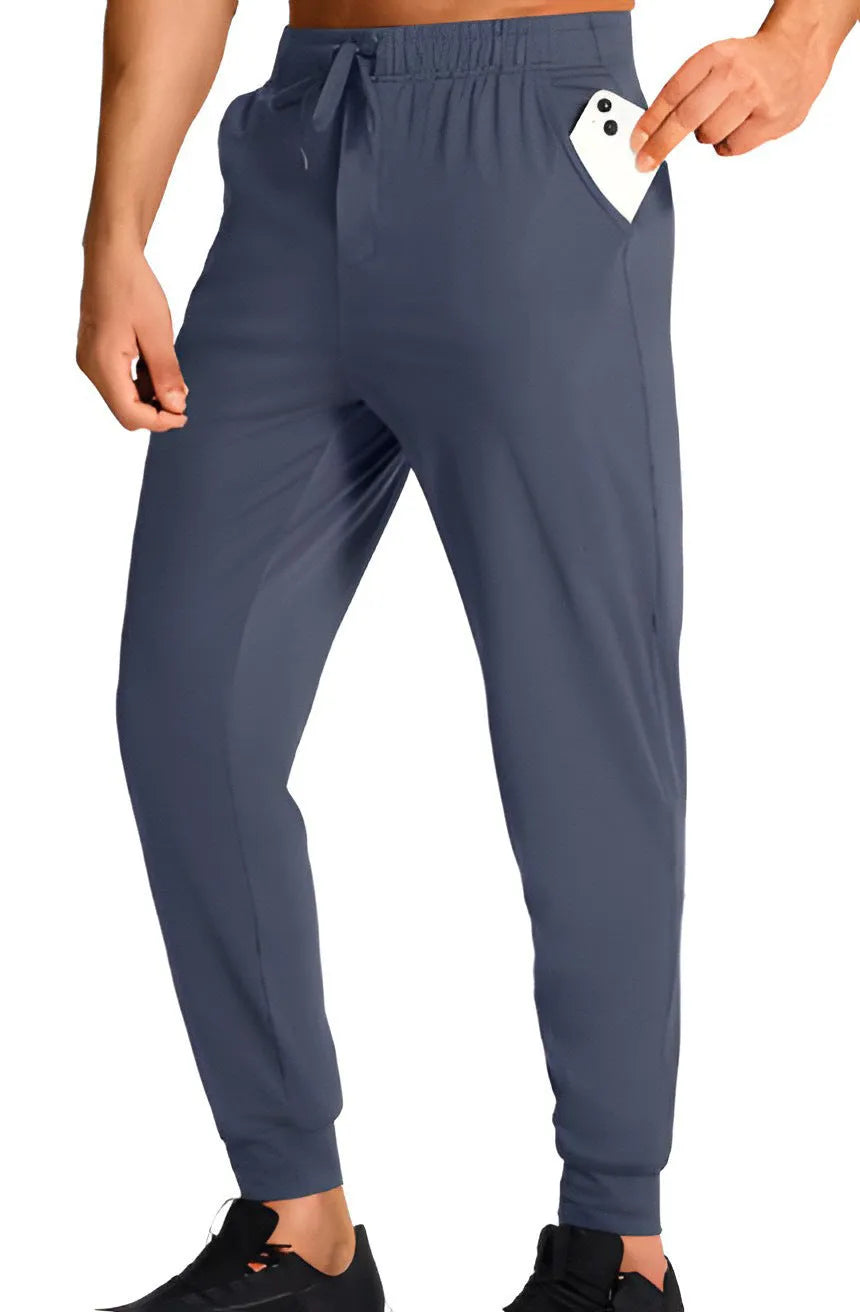 Men's loose fit straight-leg casual trousers with elastic waistband in solid colour