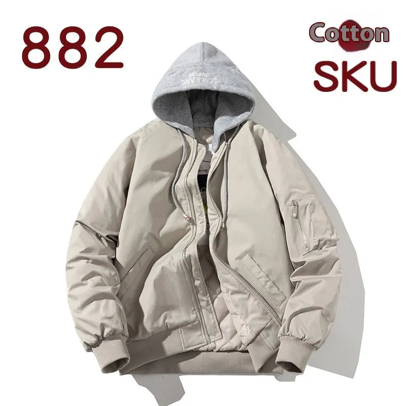 Men's loose-fitting plus-size pilot jacket in black, beige, or green with embedded line pockets.