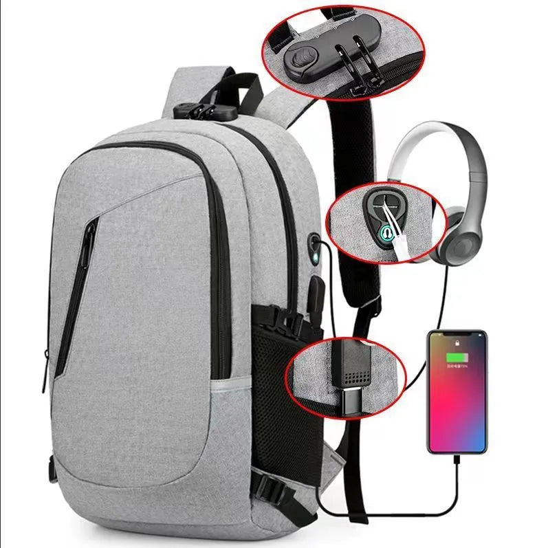 Oxford cloth computer backpack in blue colour showing front view with street trend styling