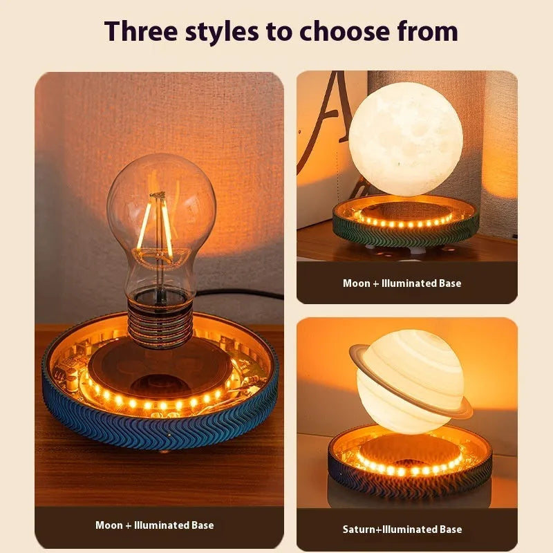 Magnetic suspension moon lamp with 3D printed celestial design floating above surface