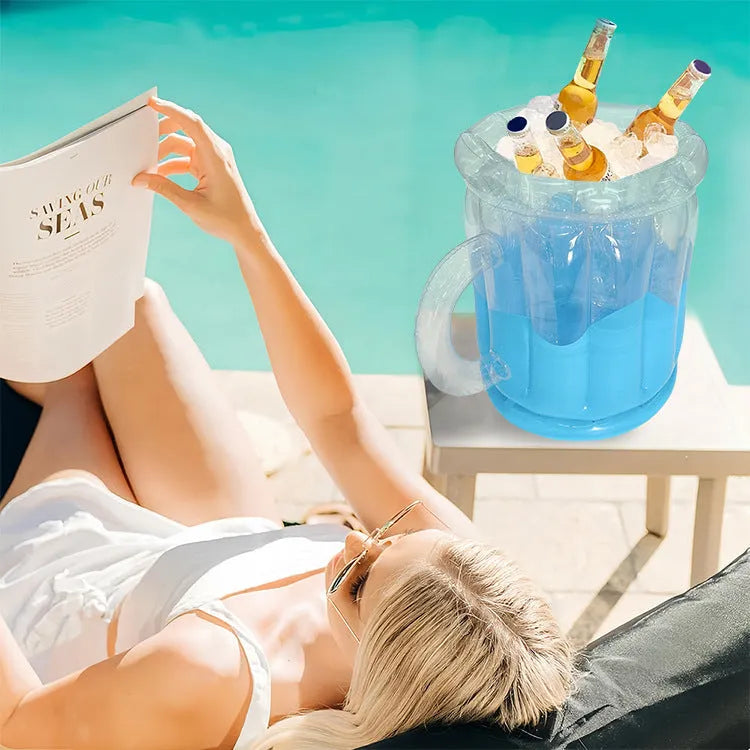 Yellow inflatable PVC ice bucket designed for cooling 2L beer steins at outdoor events