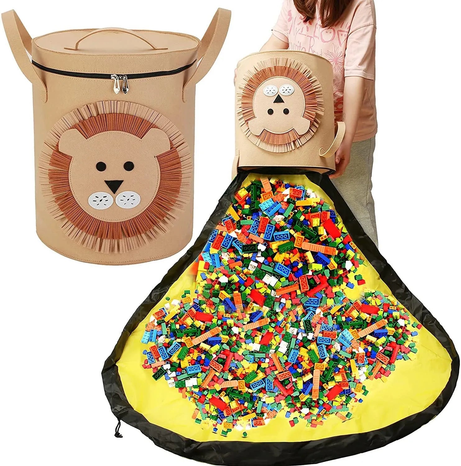 Green felt cube storage bag with pull rope closure, shown open flat as a play mat.