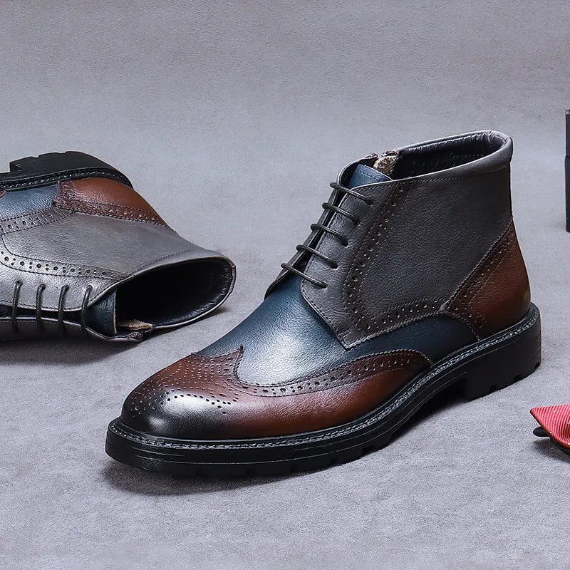 Men's curry blue and coffee blue cowhide leather brogue boots with round toe and front lacing
