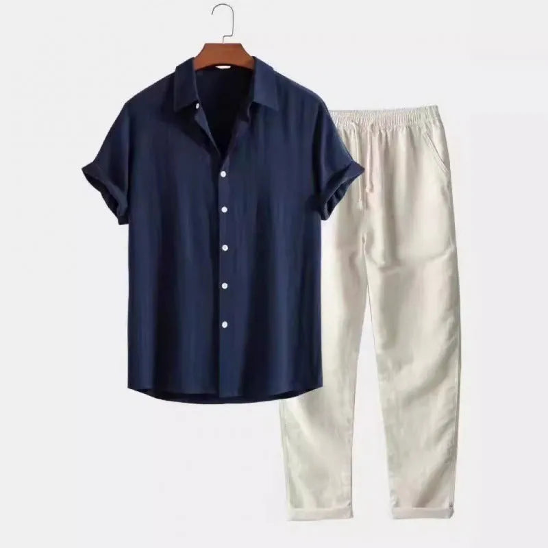 Men's casual linen-look polyester shirt and pants set in various colours, showing loose fit and coordinated styling