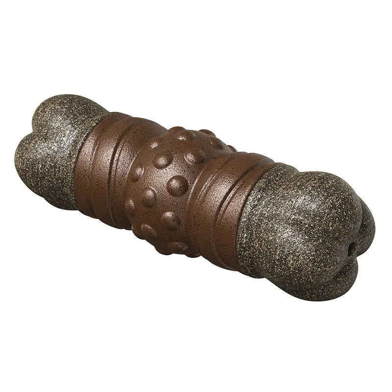 Wood colour plastic dog dental chew toy with textured molar rod design