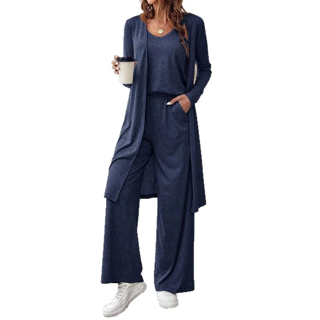 Women's blue polyester casual suit set with trousers, long-sleeve top and matching suspenders