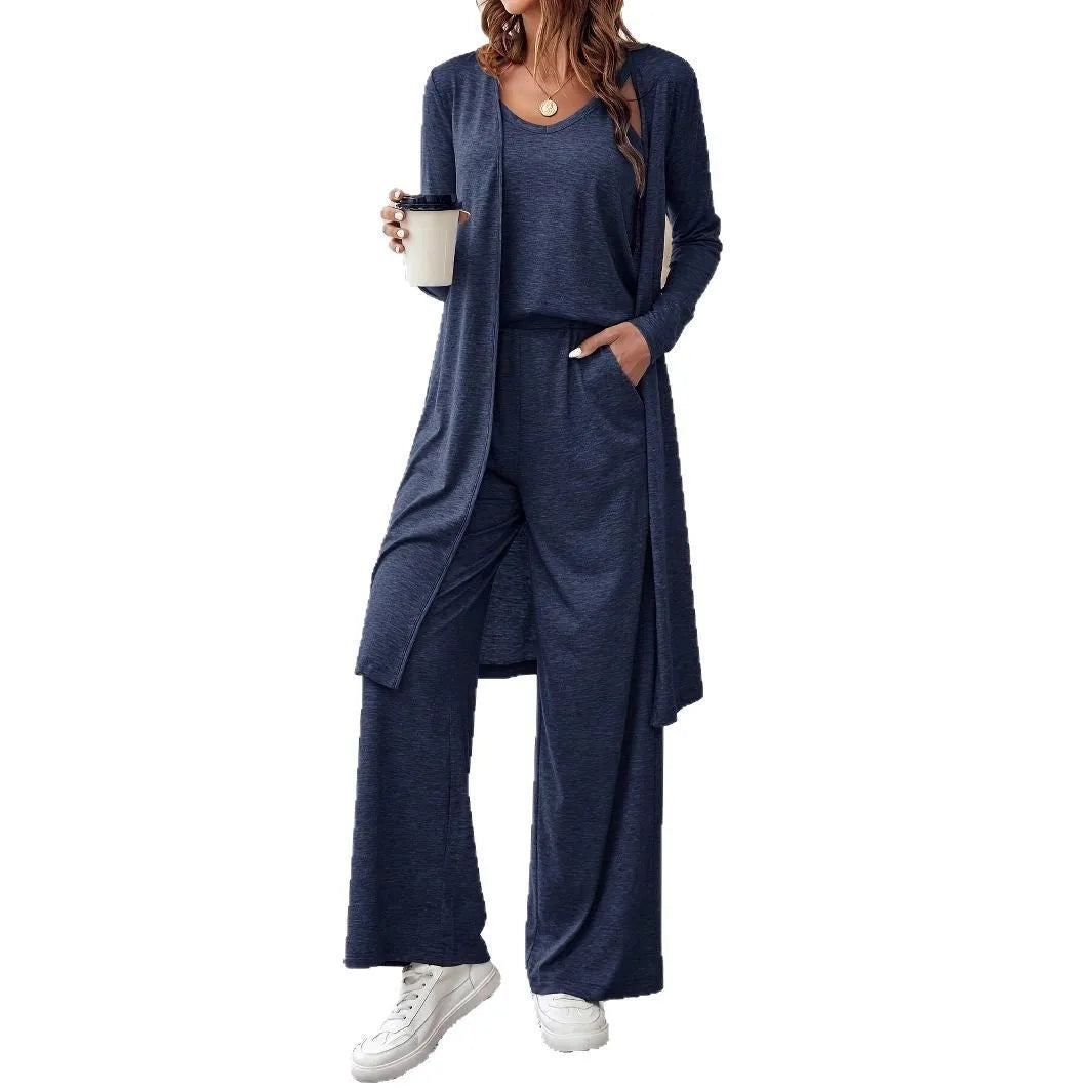 Women's blue polyester casual suit set with trousers, long-sleeve top and matching suspenders