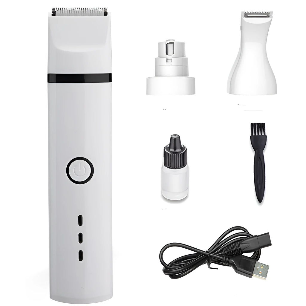 White cordless pet shaving device for dogs with stainless steel blade and automatic grinding head