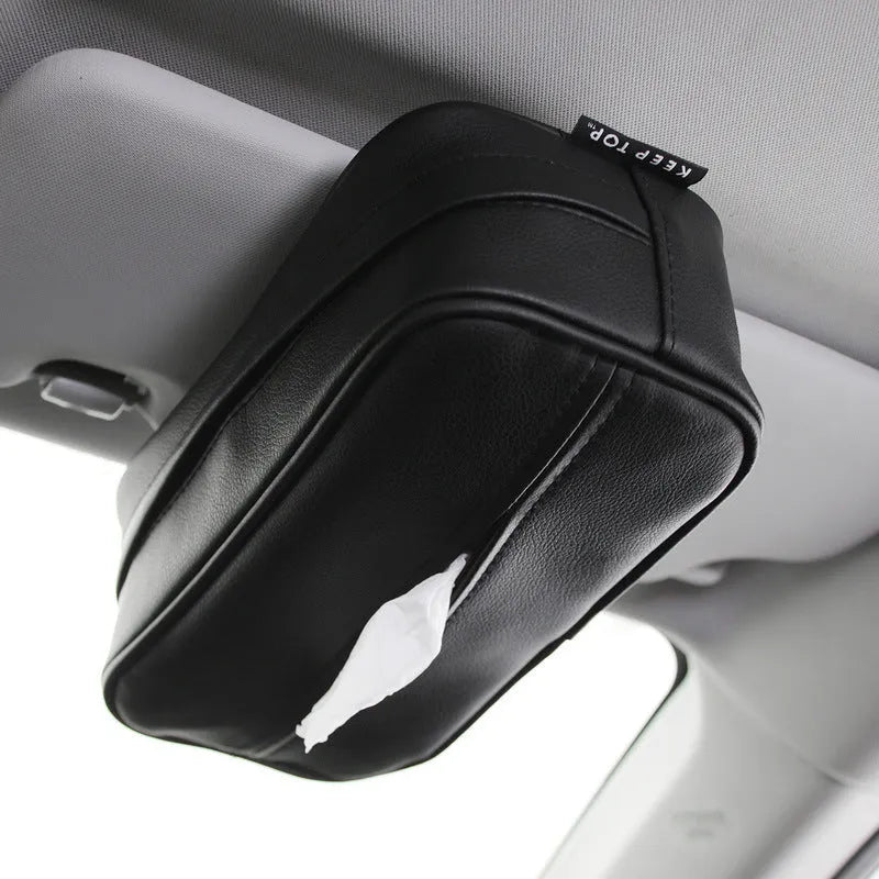 Black PU leather hanging storage box for car documents with dimensions 23cm by 13cm.