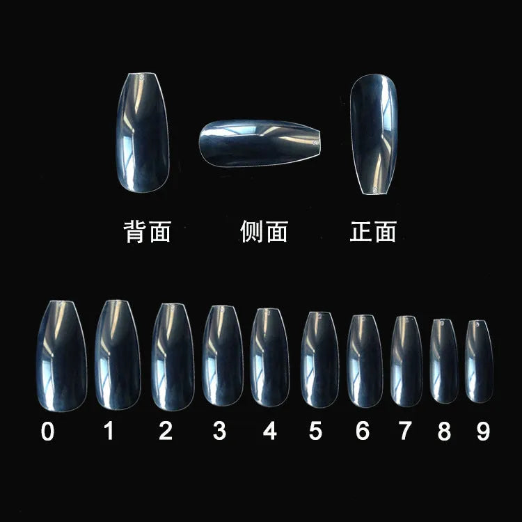 500 clear ABS false nail tips in 10 different sizes on a white background