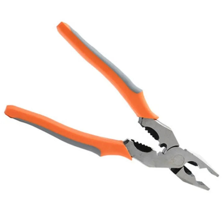 Orange-handled multi-function wire cutter pliers with chrome steel clamp head for stripping and cutting