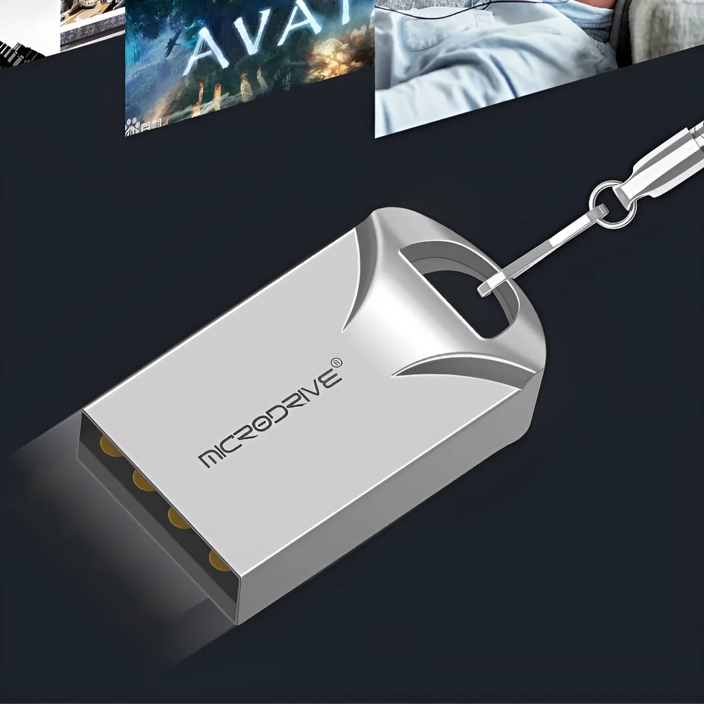 Compact black and silver metal USB flash drive showing mini size and high-speed capacity options.