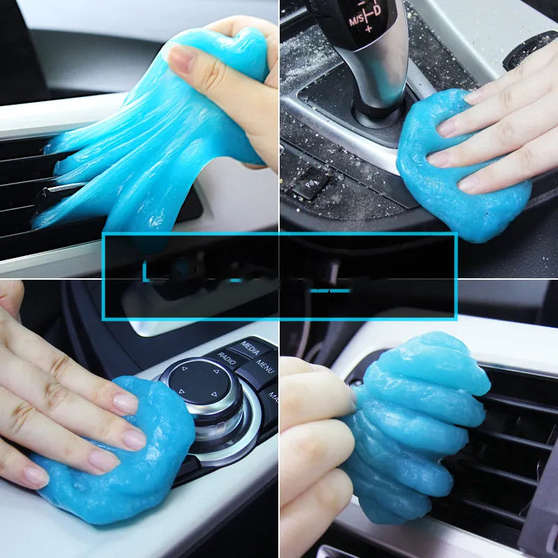 Multifunctional cleaning soft gel in blue and yellow on a car dashboard