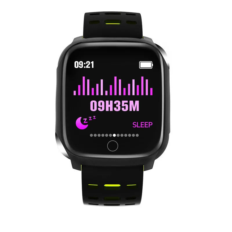 F16 Smart Watch with ECG display on wrist, showing black green silicone strap and 43mm screen.