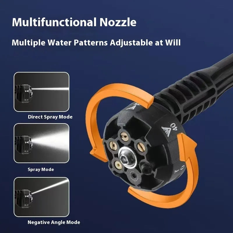 Green cordless high-pressure water gun with adjustable nozzle and accessory attachments