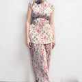 Long sleeve printed chiffon dress with high waist design shown in pictured colours