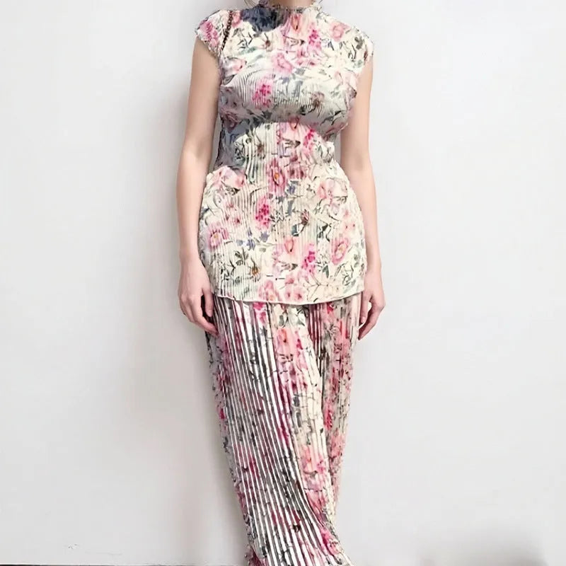 Long sleeve printed chiffon dress with high waist design shown in pictured colours