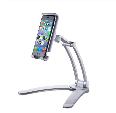 Silver aluminum alloy adjustable tablet stand holding a tablet with 360-degree rotation capability