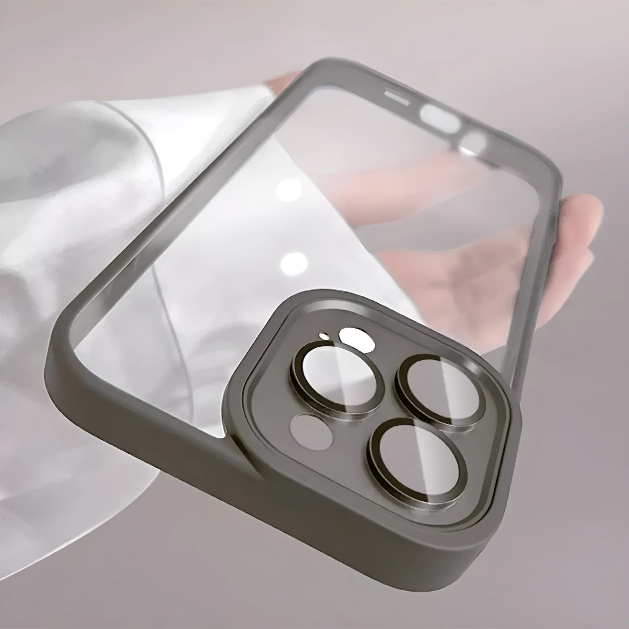 Transparent acrylic phone case with lens protector for iPhone, showing drop-resistant design and multiple colour options including navy blue and starlight white.
