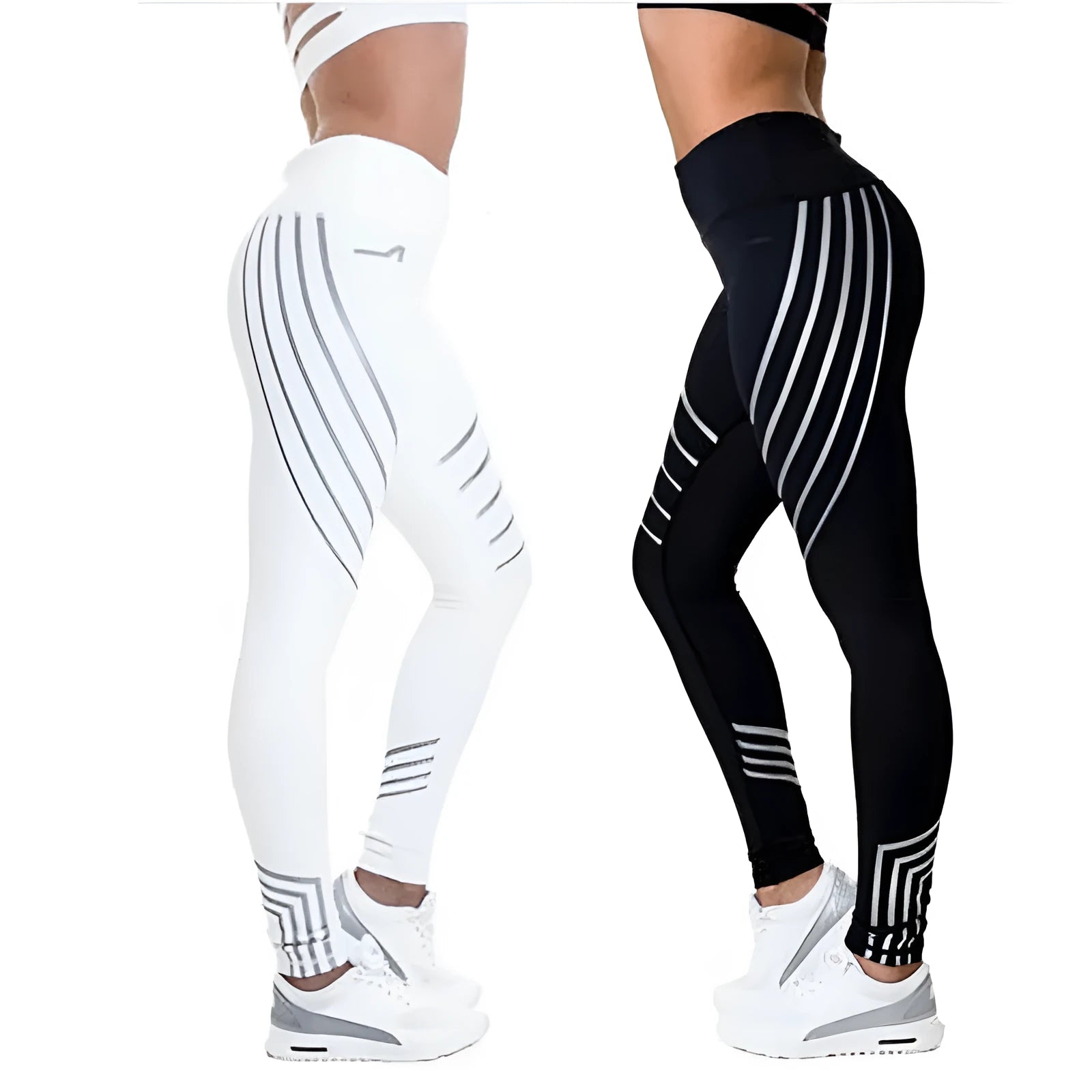 Women's night glowing workout leggings with autumn winter print patterns in black and white options