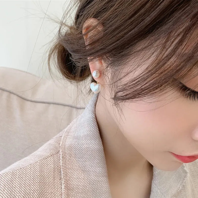 Heart-shaped alloy stud earrings with electroplated finish and artificial gem inlays, Korean style design