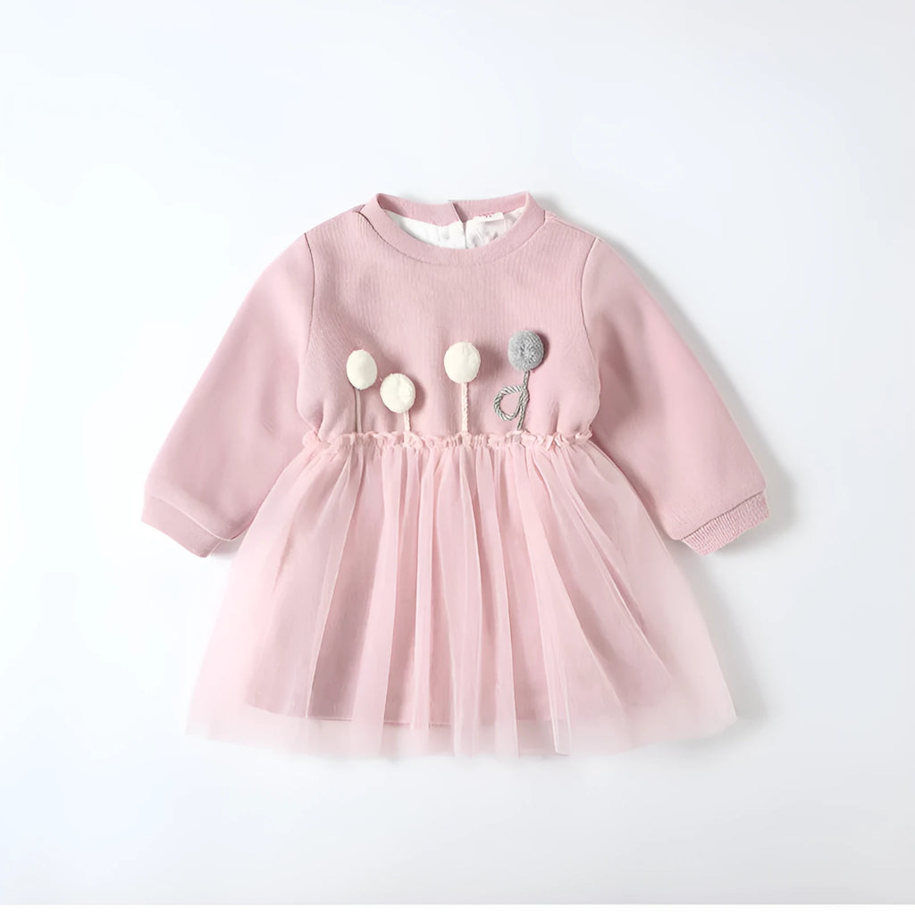 Baby girl pink velvet dress with long sleeves and mesh overlay, front view, sitting pose