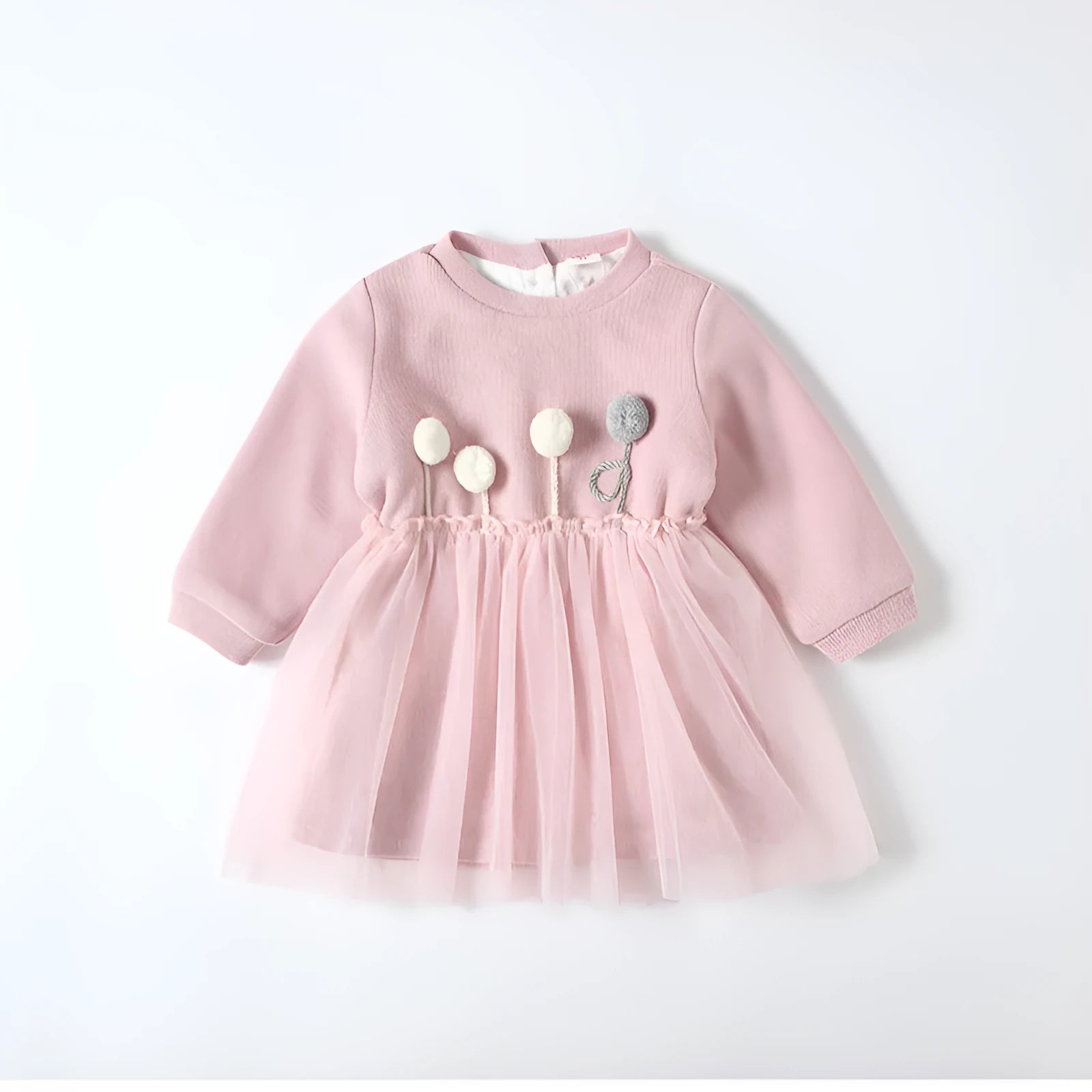 Baby girl pink velvet dress with long sleeves and mesh overlay, front view, sitting pose