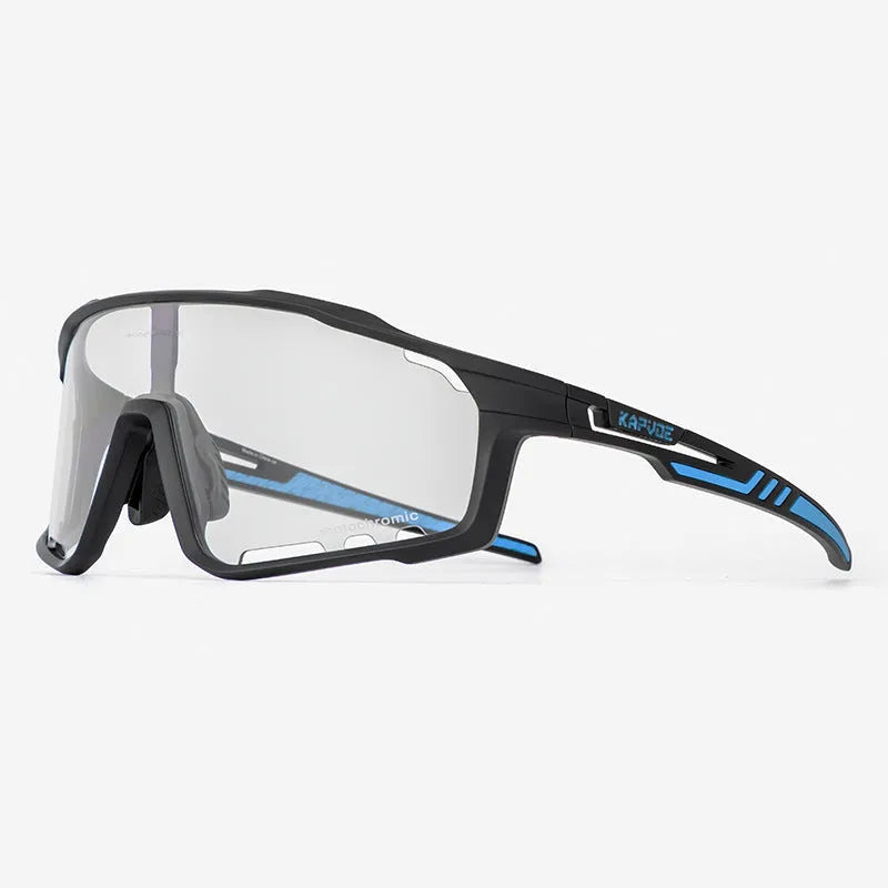 TR90 photochromic cycling goggles with semi-rimless frame and adaptive lens for sports.