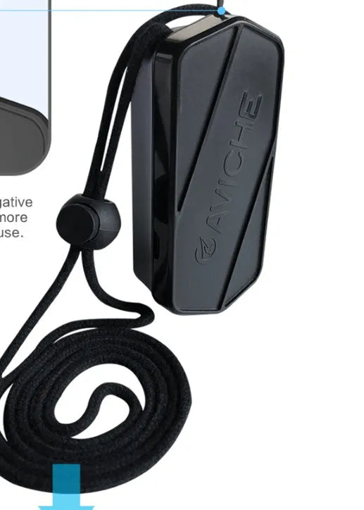 Black portable air purifier necklace showing compact 80mm design with plastic construction