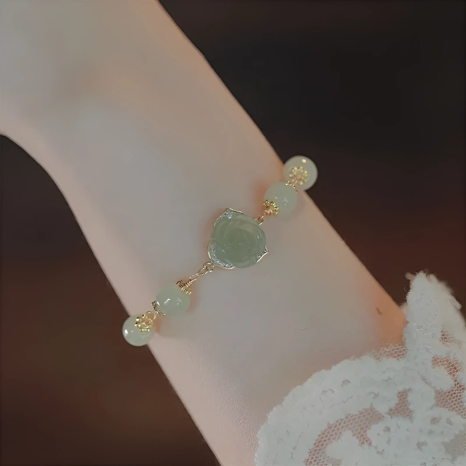 Women's Hetian jade rose bracelet with 14K gold gilded floral design and literature style