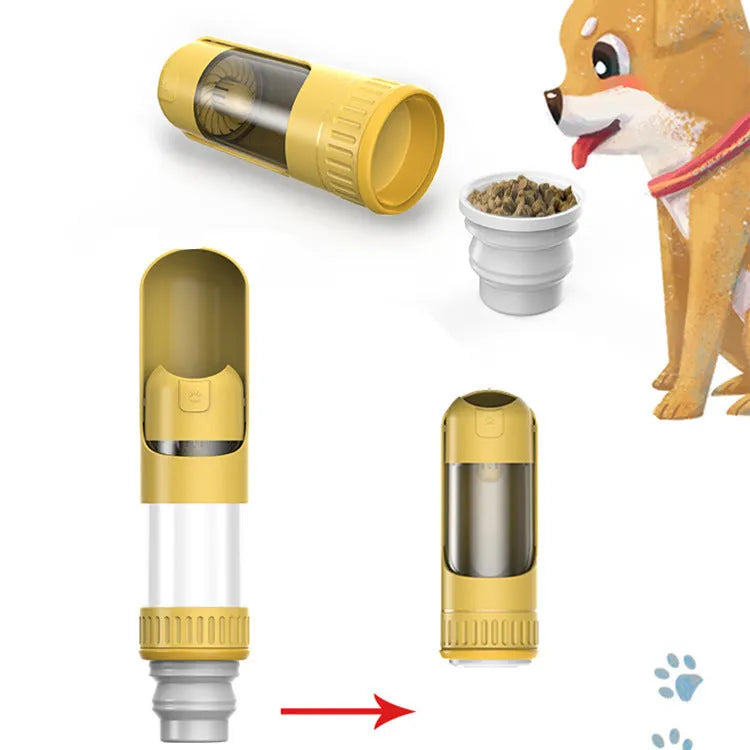 Portable dog water bottle with integrated drinking bowl in dark blue, white or yellow colours