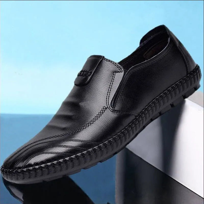 Men's black and brown PU leather shoes with flat heel business casual design