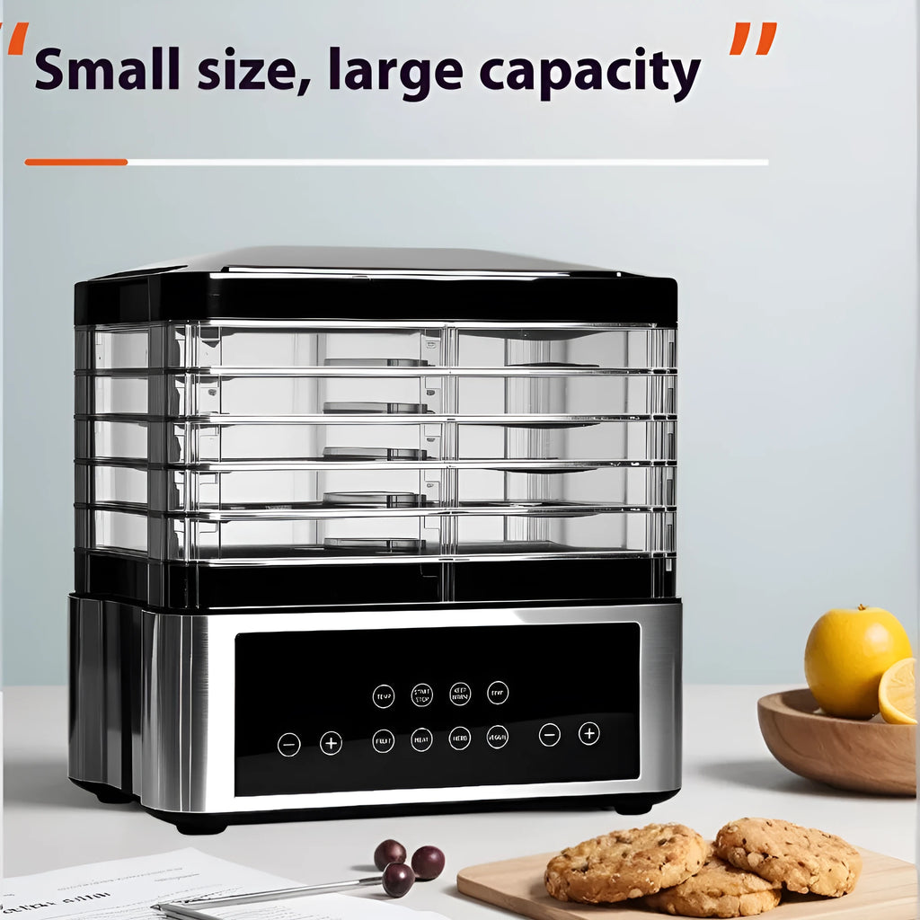 Silver stainless steel fruit dehydrator with six drying trays showing temperature control dial