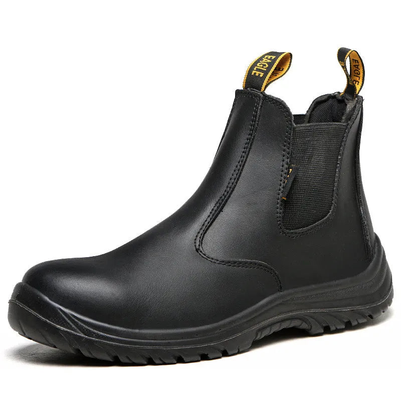Black leather safety boots with high-top design and anti-piercing sole for industrial work