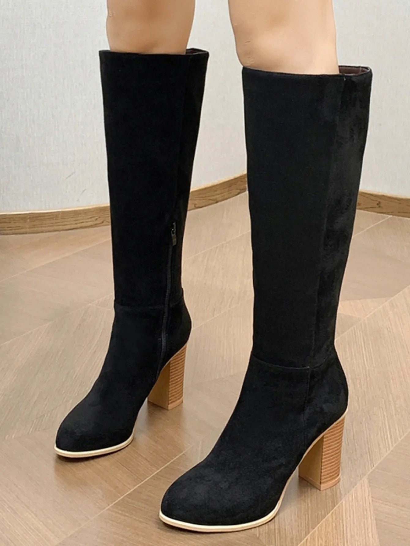 Women's square toe high heel fashion boots in black and dark brown colours with artificial PU upper